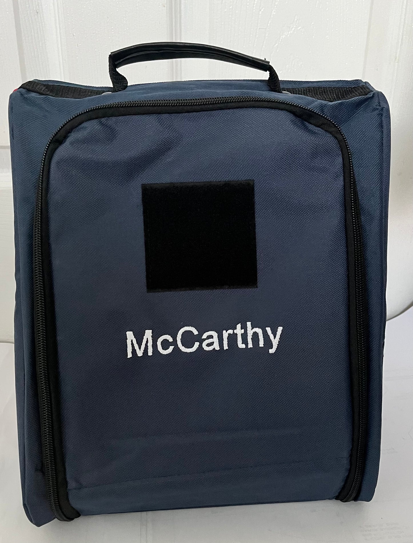 The Velcro Coverbag with Optional Embroidery and Patches (Navy with a Red Stripe)
